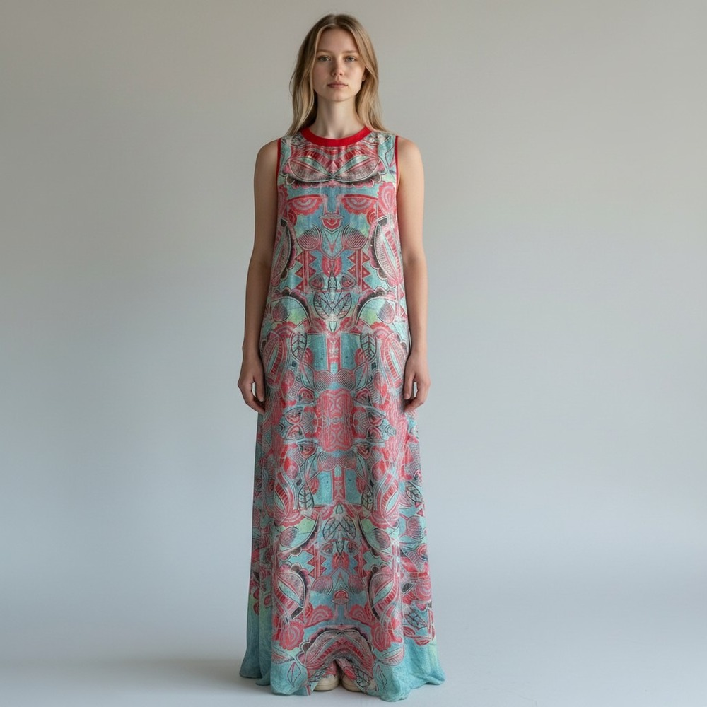 ALEXIS | Silk Maxi Dress Women M Red Blue Geometric Print Sleeveless Resortwear